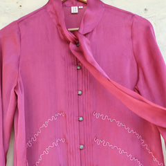 Fuschia pink satin organza tie neck blouse - Sohni