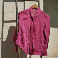 Fuschia pink satin organza tie neck blouse - Sohni