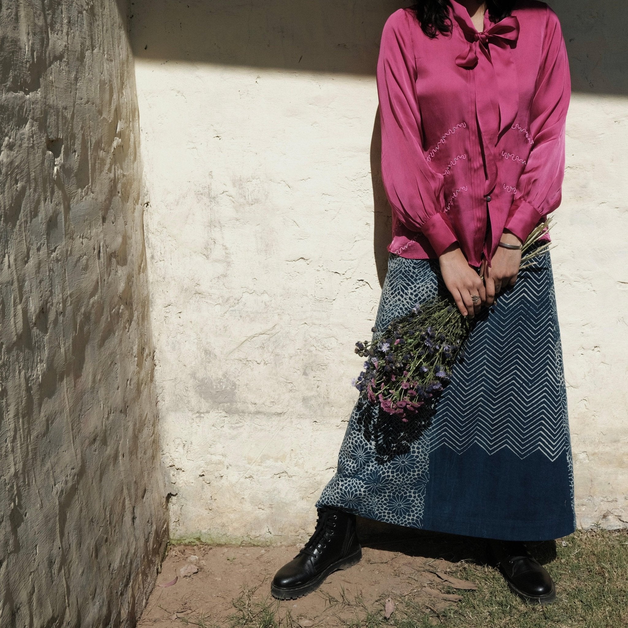 Fuschia pink satin organza tie neck blouse - Sohni