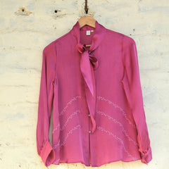 Fuschia pink satin organza tie neck blouse - Sohni