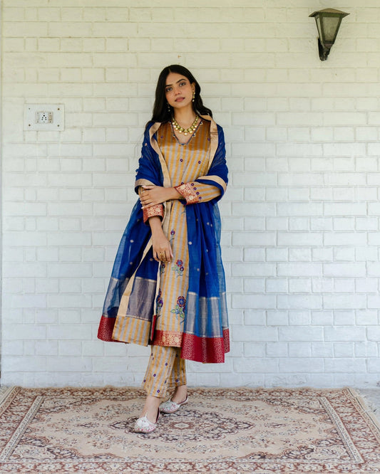 Gold silver striped tissue kurta and pants with cobalt blue chanderi dupatta - Sohni