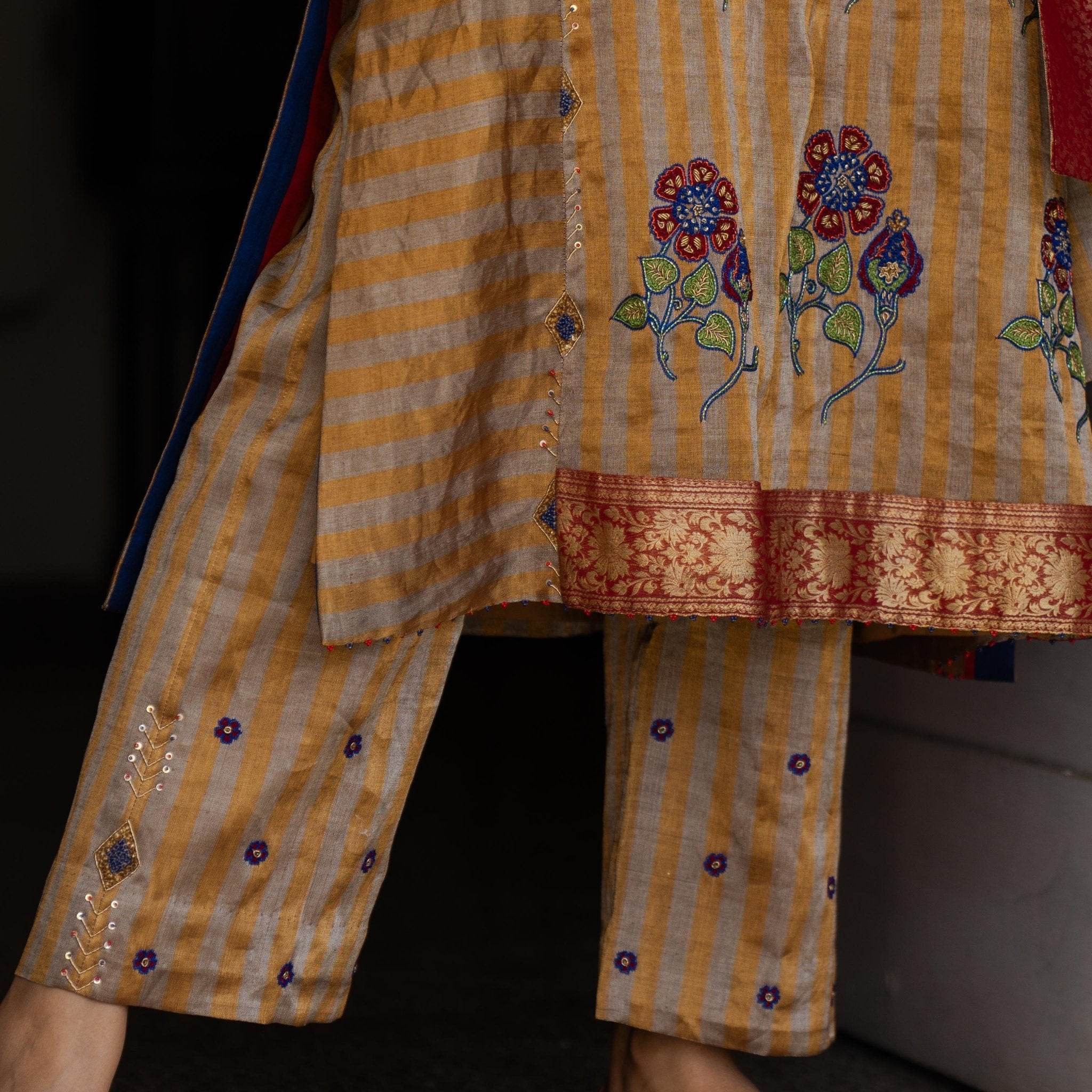 Gold silver striped tissue kurta and pants with cobalt blue chanderi dupatta - Sohni