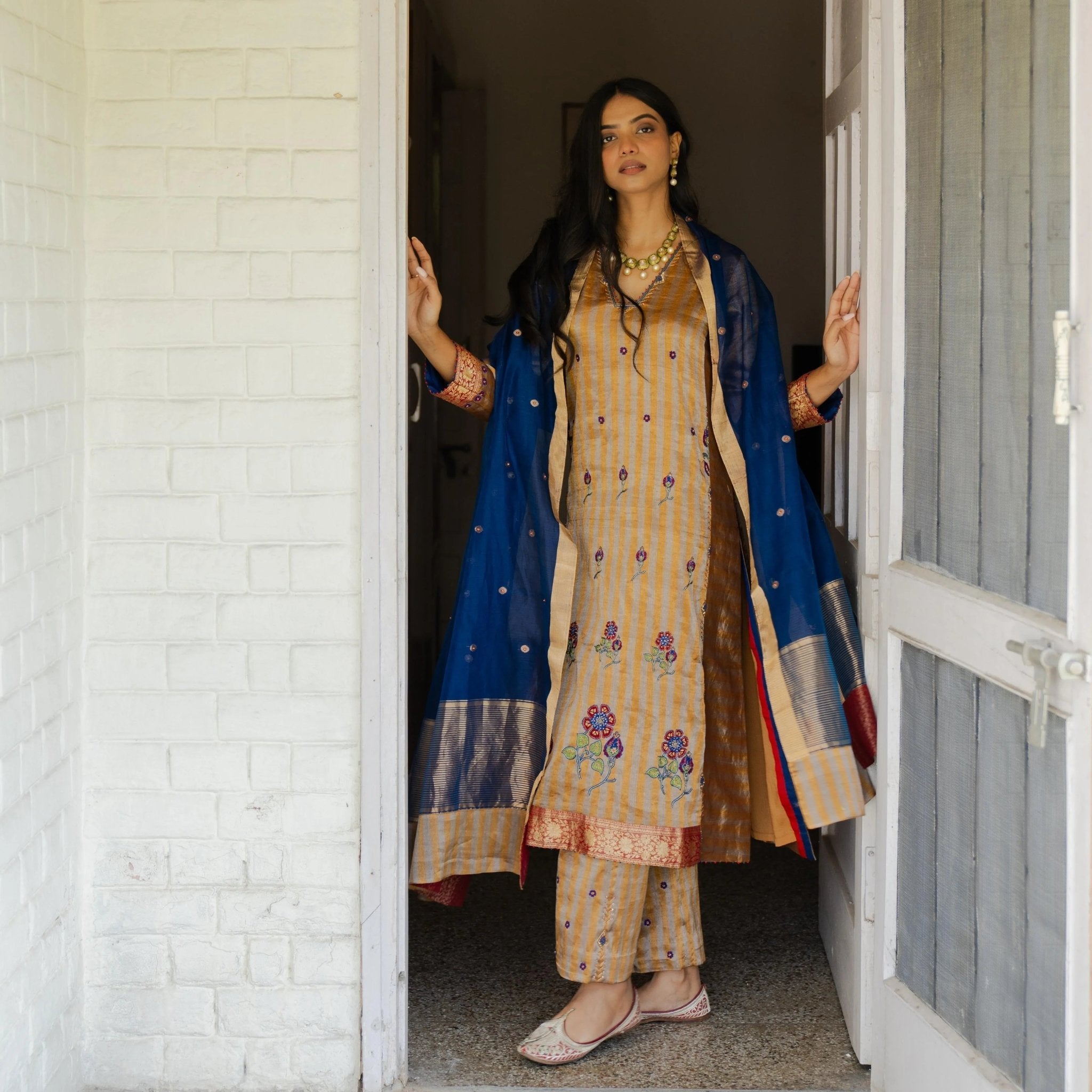 Gold silver striped tissue kurta and pants with cobalt blue chanderi dupatta - Sohni
