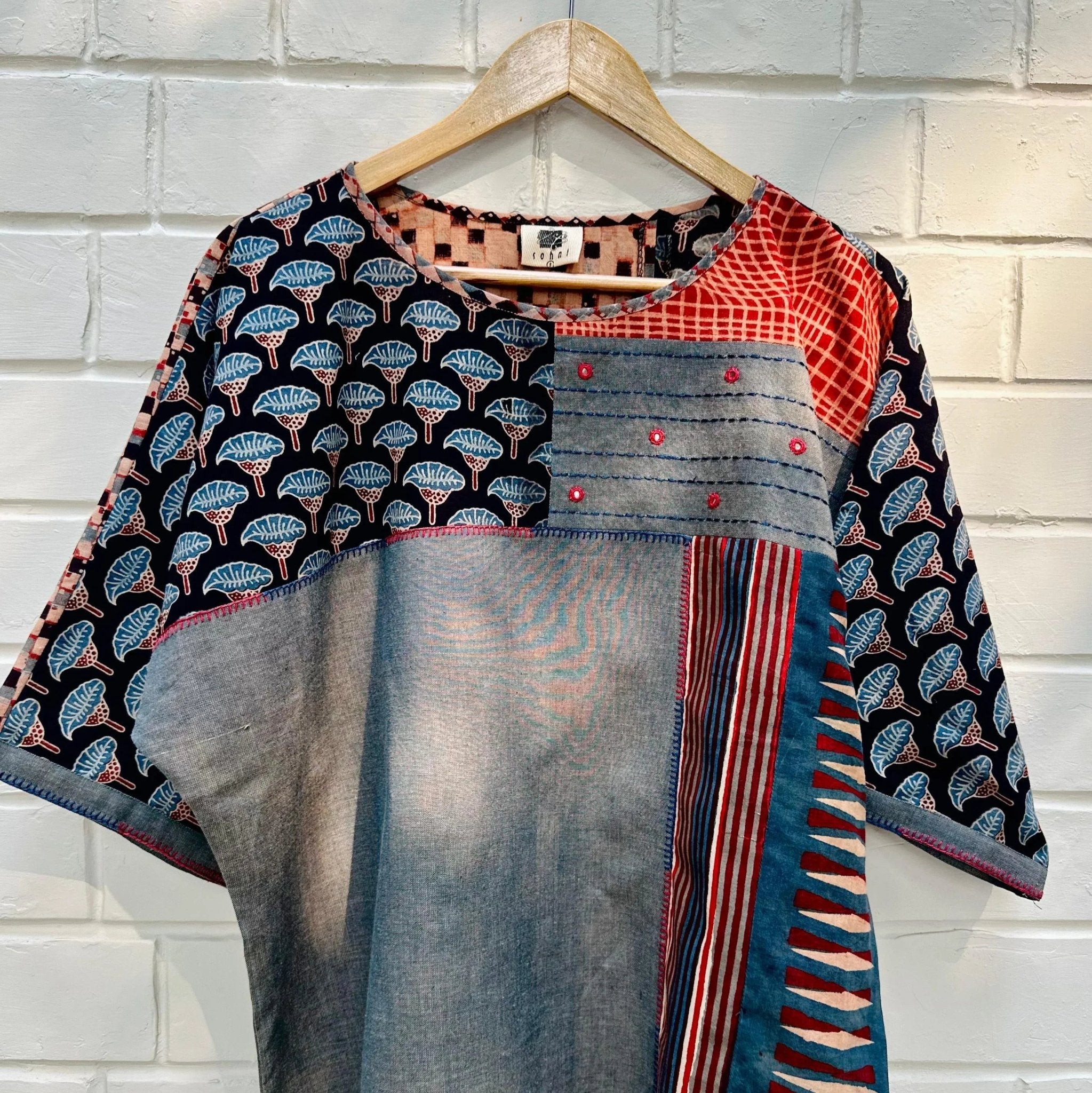 Grey blue handloom dolman sleeves top with ajrakh patches - Sohni