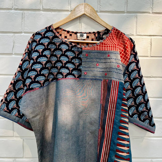 Grey blue handloom dolman sleeves top with ajrakh patches - Sohni