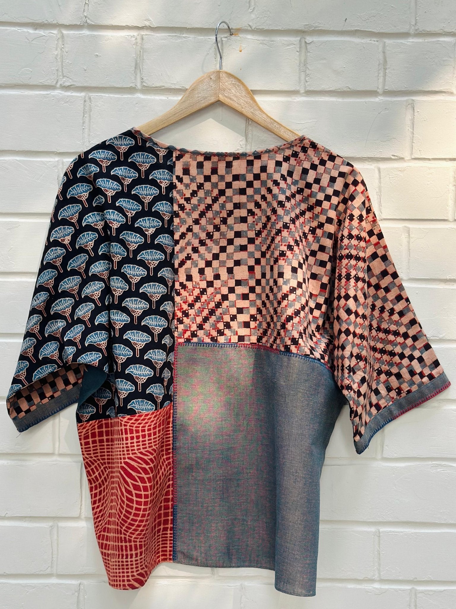 Grey blue handloom dolman sleeves top with ajrakh patches - Sohni