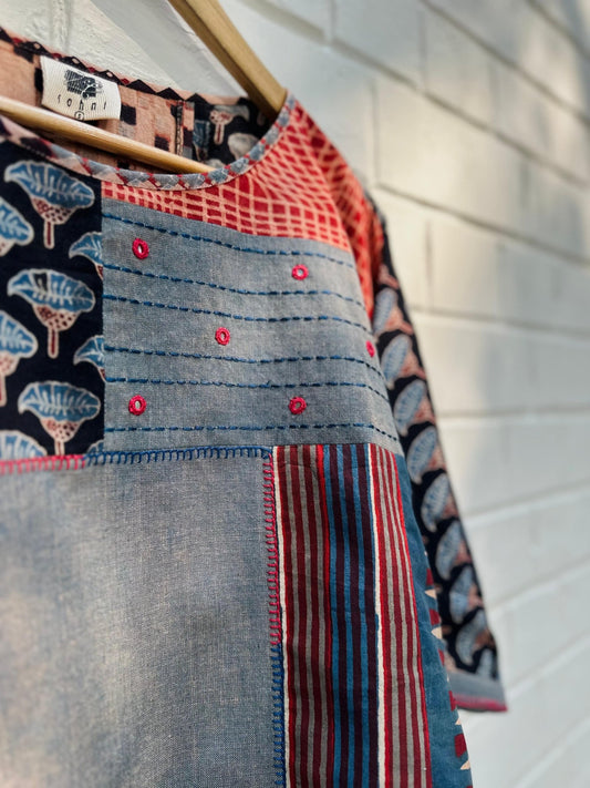 Grey blue handloom dolman sleeves top with ajrakh patches - Sohni