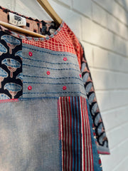 Grey blue handloom dolman sleeves top with ajrakh patches - Sohni