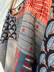 Grey blue handloom dolman sleeves top with ajrakh patches - Sohni