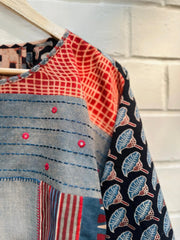 Grey blue handloom dolman sleeves top with ajrakh patches - Sohni