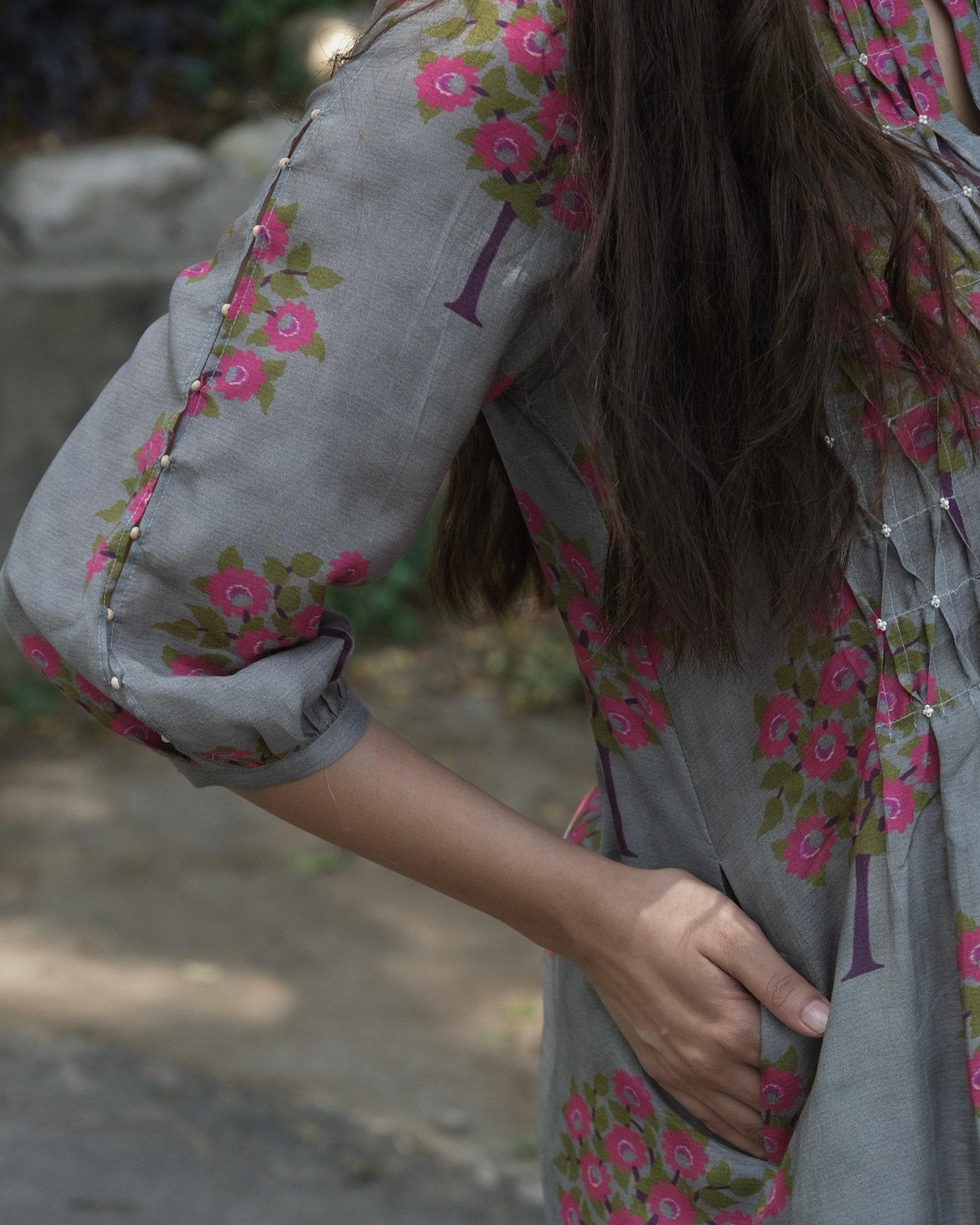 Grey boota jaal muslin honeycomb smocked kurta, dobby salwar and lehriya dupatta - Sohni