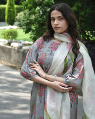 Grey boota jaal muslin honeycomb smocked kurta, dobby salwar and lehriya dupatta - Sohni