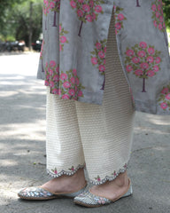 Grey boota jaal muslin honeycomb smocked kurta, dobby salwar and lehriya dupatta - Sohni