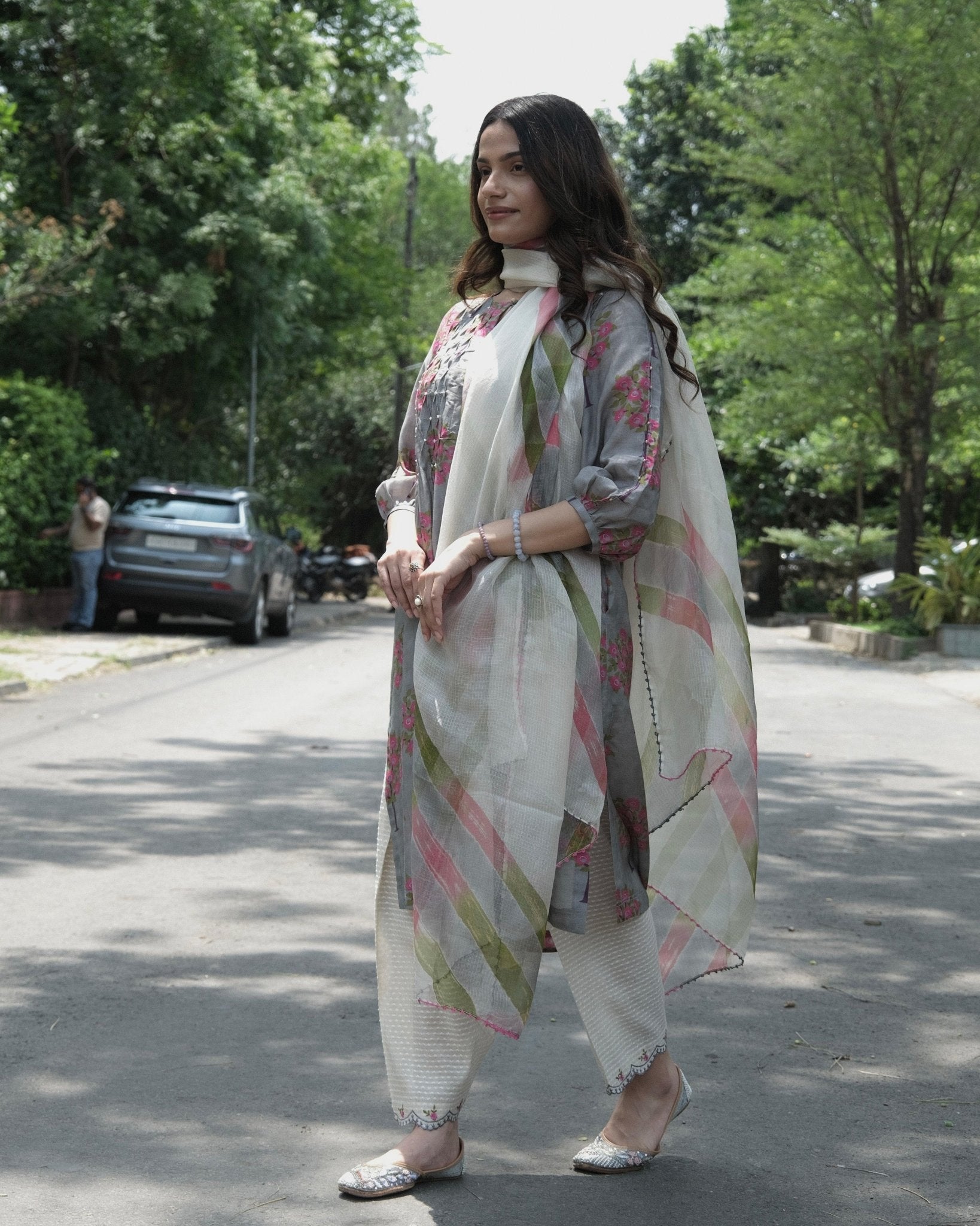 Grey boota jaal muslin honeycomb smocked kurta, dobby salwar and lehriya dupatta - Sohni