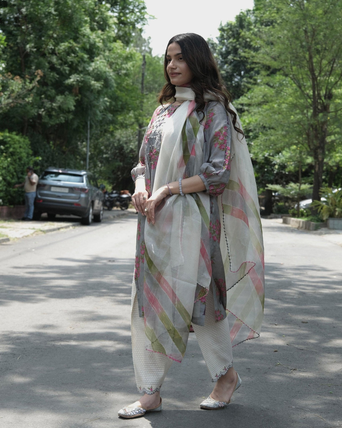 Grey boota jaal muslin honeycomb smocked kurta, dobby salwar and lehriya dupatta - Sohni