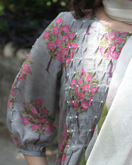 Grey boota jaal muslin honeycomb smocked kurta, dobby salwar and lehriya dupatta - Sohni