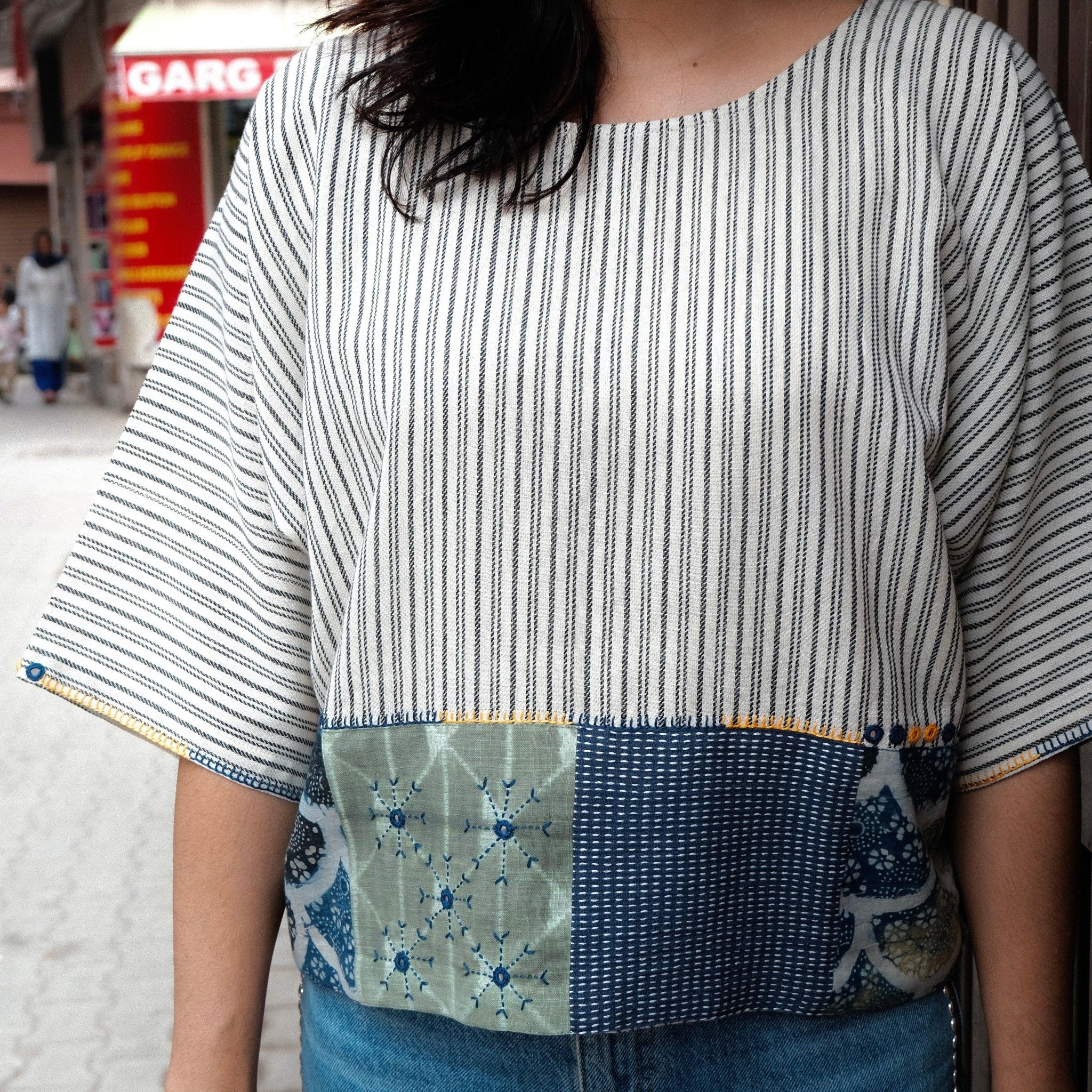 Grey white striped handloom cotton short top with patchwork and artisanal embroidery - Sohni