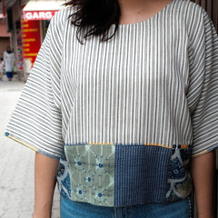 Grey white striped handloom cotton short top with patchwork and artisanal embroidery - Sohni