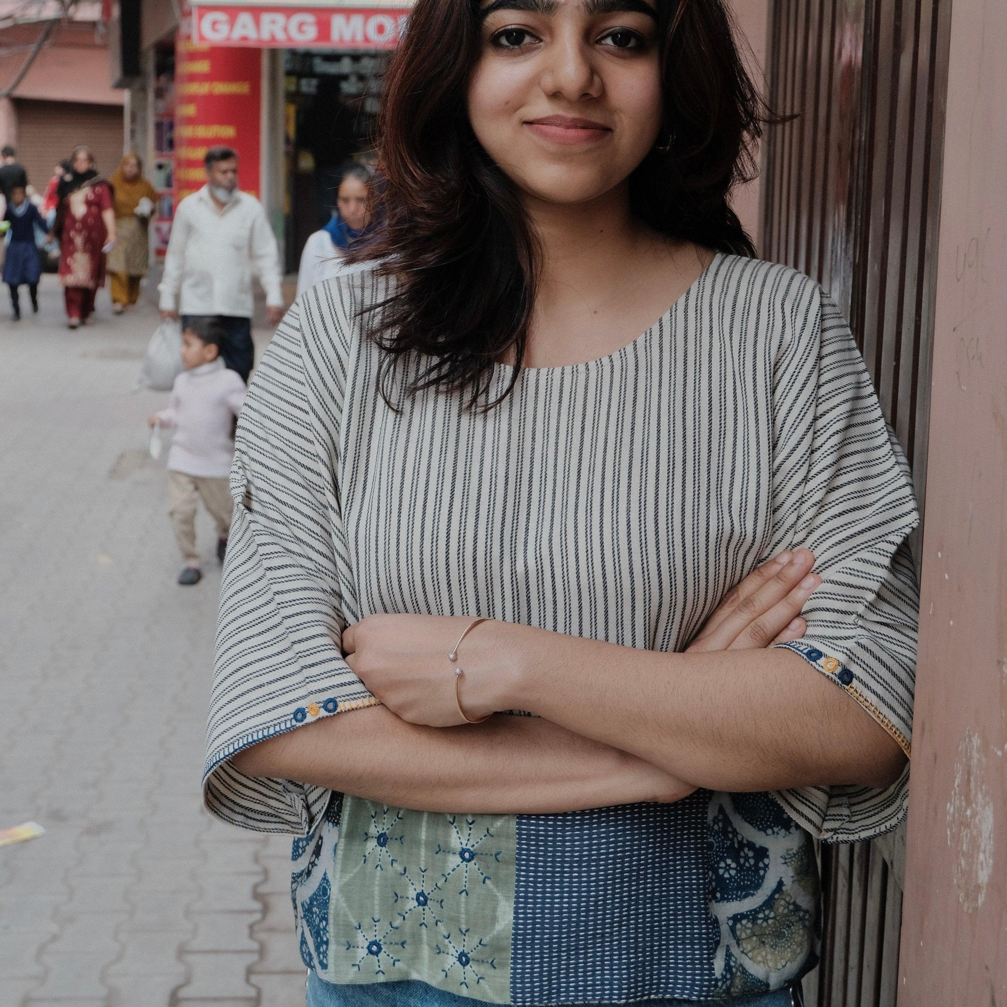 Grey white striped handloom cotton short top with patchwork and artisanal embroidery - Sohni