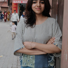 Grey white striped handloom cotton short top with patchwork and artisanal embroidery - Sohni