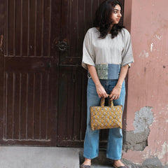 Grey white striped handloom cotton short top with patchwork and artisanal embroidery - Sohni