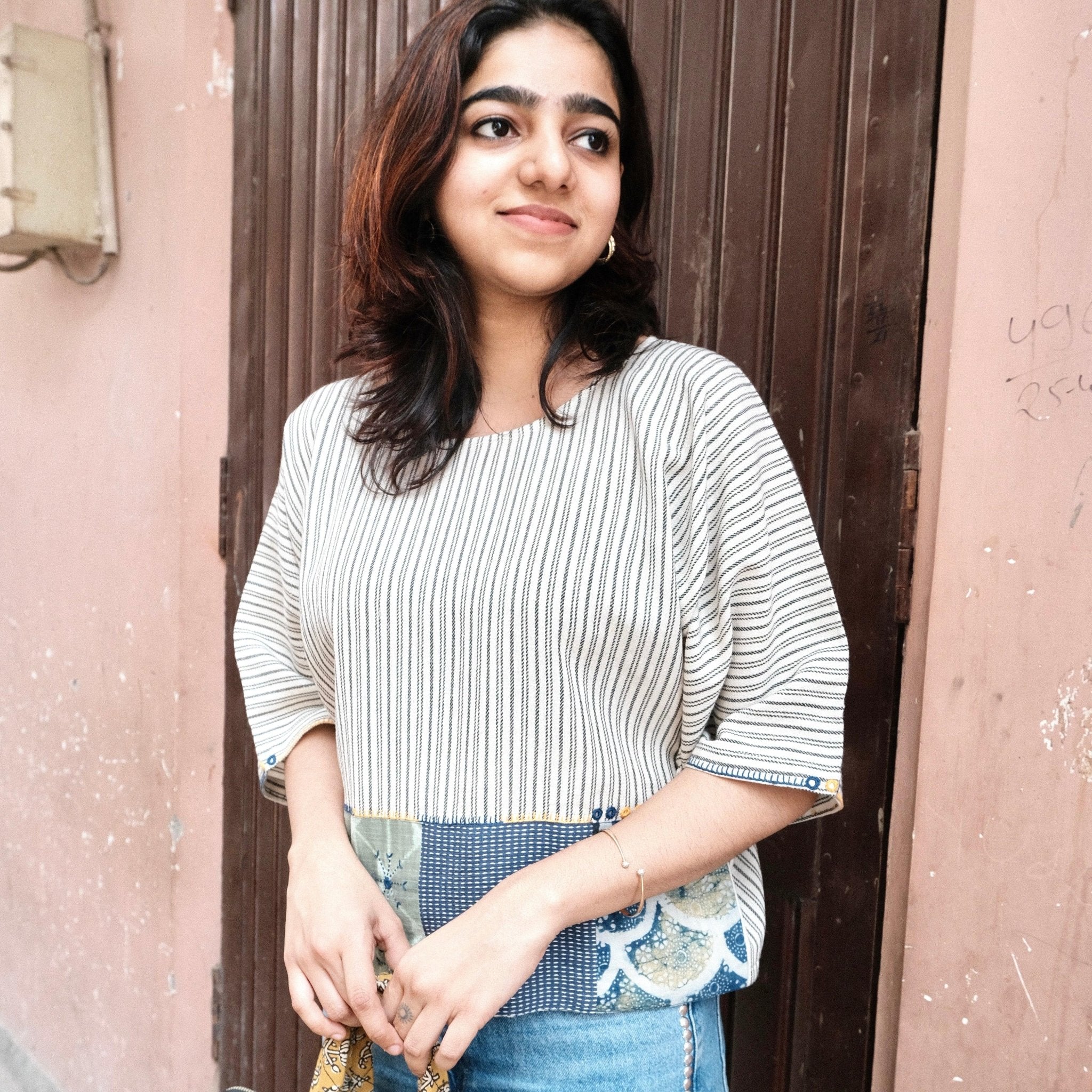 Grey white striped handloom cotton short top with patchwork and artisanal embroidery - Sohni