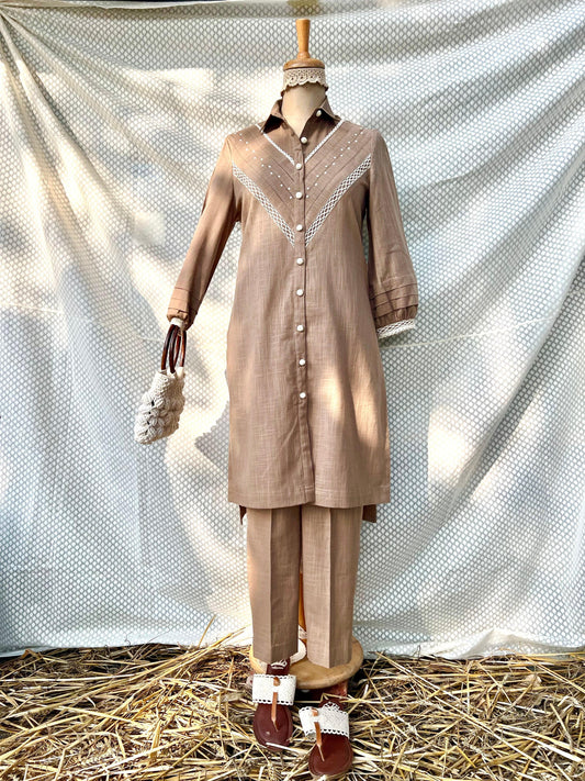 Taupe brown slub co ord set - Sohni