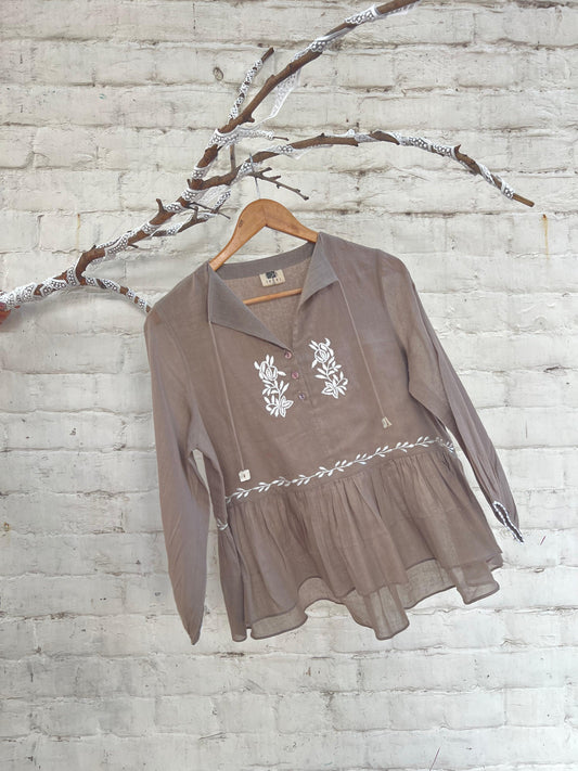 Taupe mulmul peplum top - Sohni