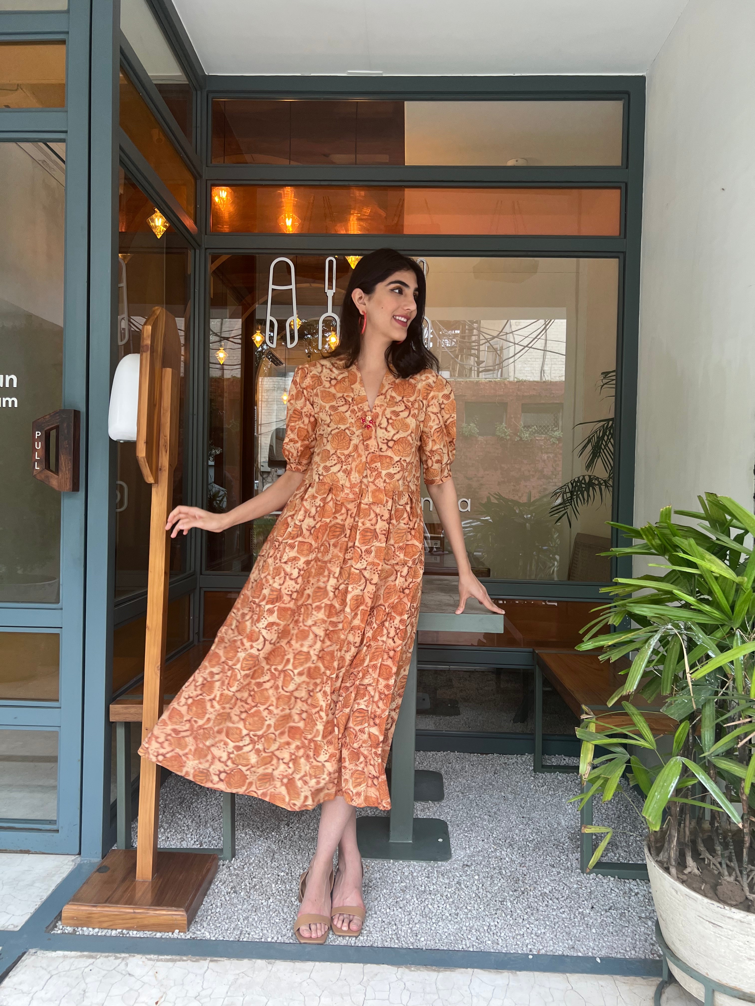 Peach vintage tie neck floral dress - Sohni