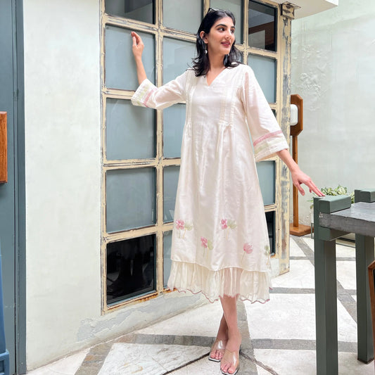 Ivory chanderi dress with ruffles hem - Sohni