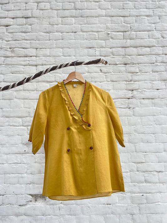 Mustard organic dye double breasted mulmul top - Sohni