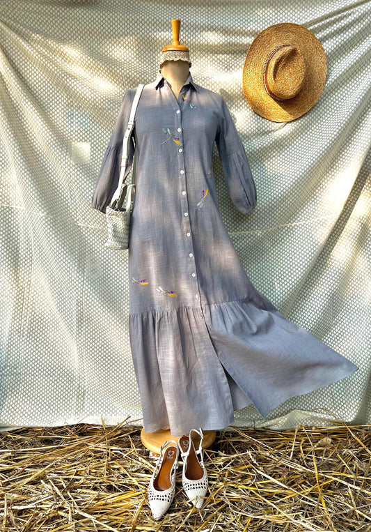 Slate grey slub tiered maxi dress - Sohni