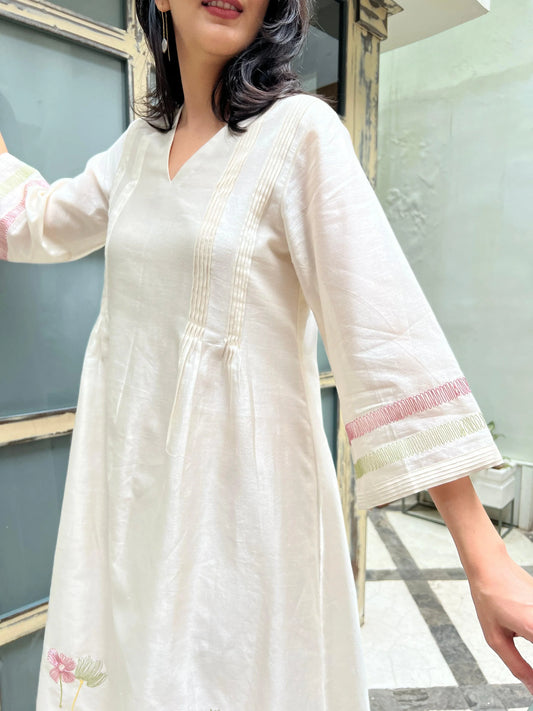 Ivory chanderi dress with ruffles hem - Sohni