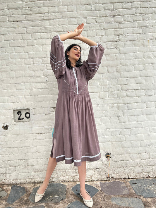 Smokey mauve mulmul pleated kurta dress - Sohni