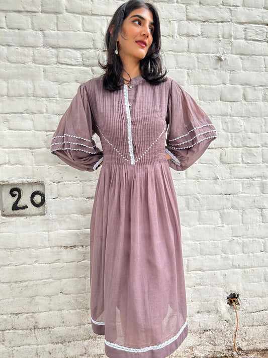 Smokey mauve mulmul pleated kurta dress - Sohni