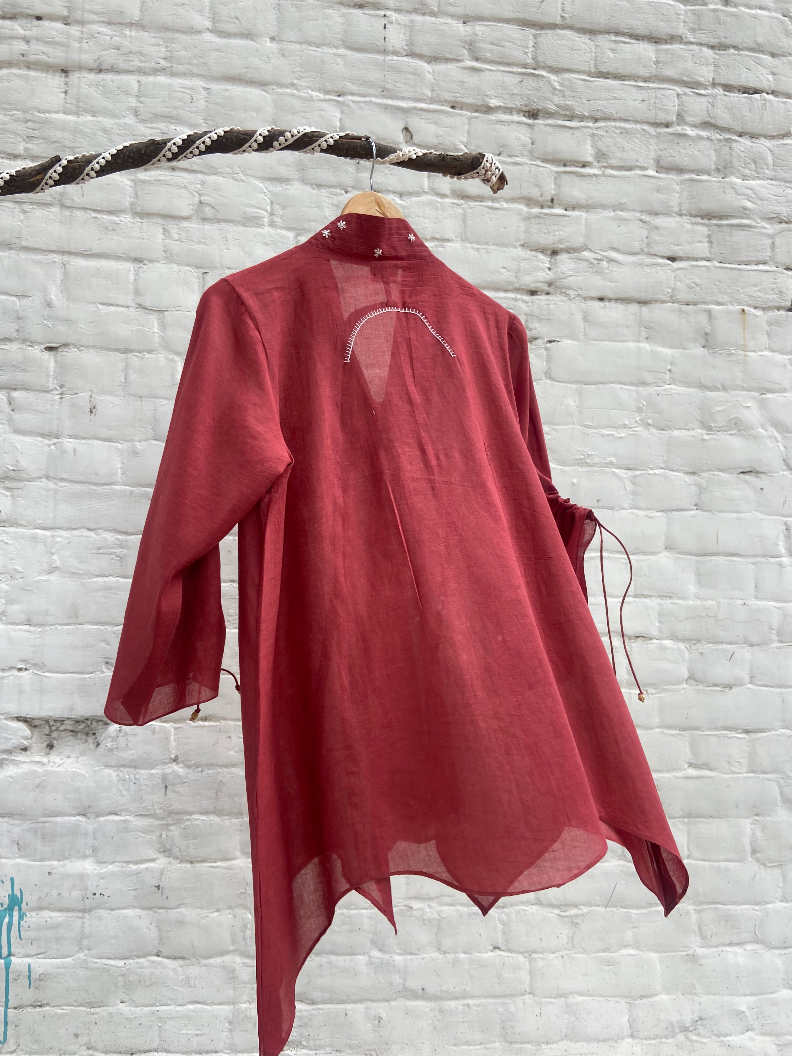 Red organic dye asymmetrical mulmul tunic - Sohni