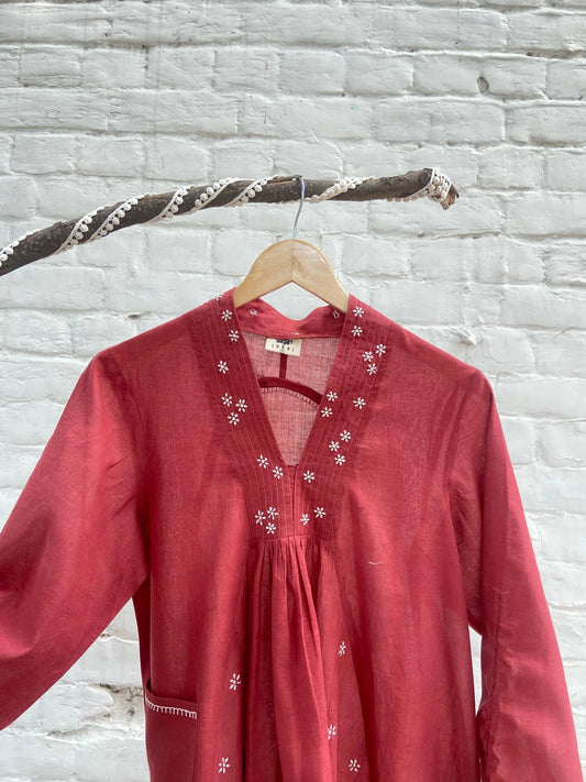 Red organic dye asymmetrical mulmul tunic - Sohni