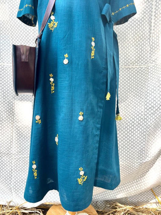 Teal cotton slub midi wrap dress - Sohni