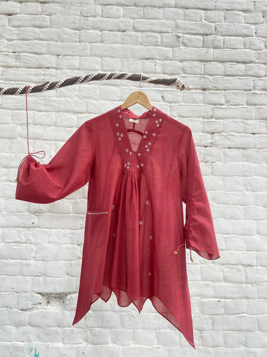 Red organic dye asymmetrical mulmul tunic - Sohni