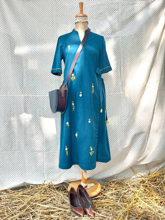 Teal cotton slub midi wrap dress - Sohni