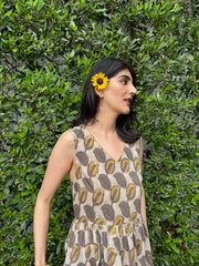 Grey ochre leaf print dress with cross over back - Sohni