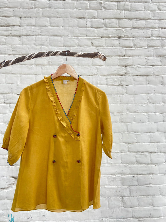 Mustard organic dye double breasted mulmul top - Sohni