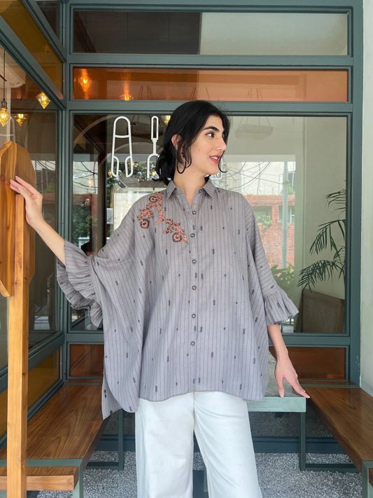 Grey hand woven cotton kaftan top with frill detail - Sohni