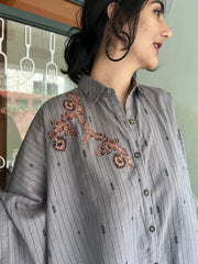 Grey hand woven cotton kaftan top with frill detail - Sohni