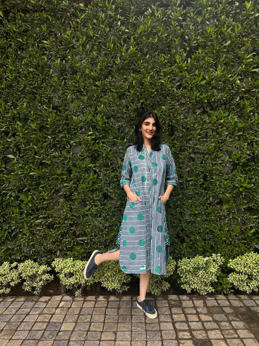 Indigo stripes and dots shir dress - Sohni