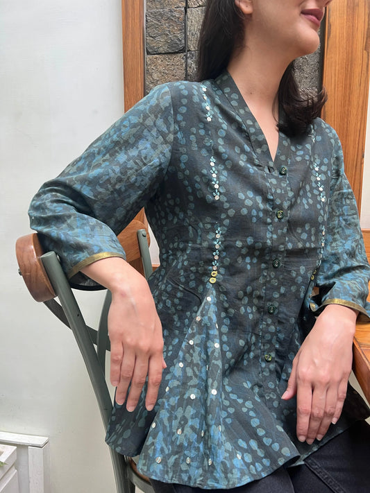 Teal daabu print cotton kalidaar top - Sohni