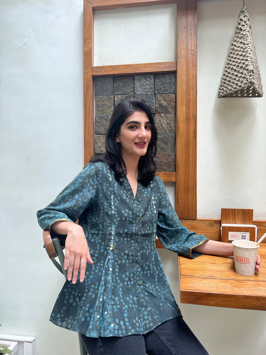 Teal daabu print cotton kalidaar top - Sohni