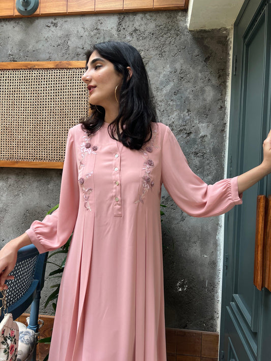 Rose pink double georgette co ord set with 3D flowers embroidery - Sohni