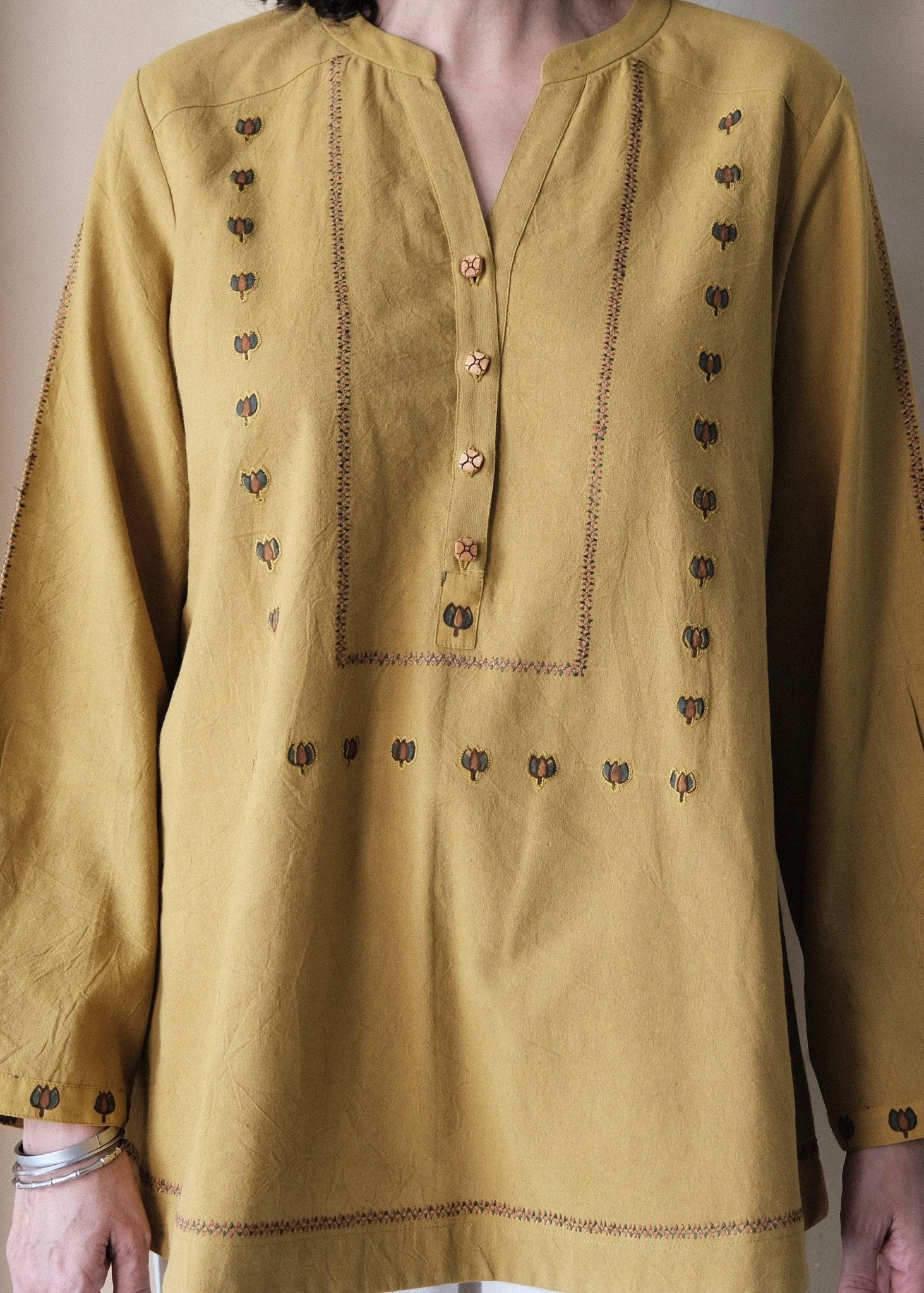 Khakhi yellow Bhuj cotton tunic with applique embroidery - Sohni