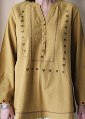 Khakhi yellow Bhuj cotton tunic with applique embroidery - Sohni